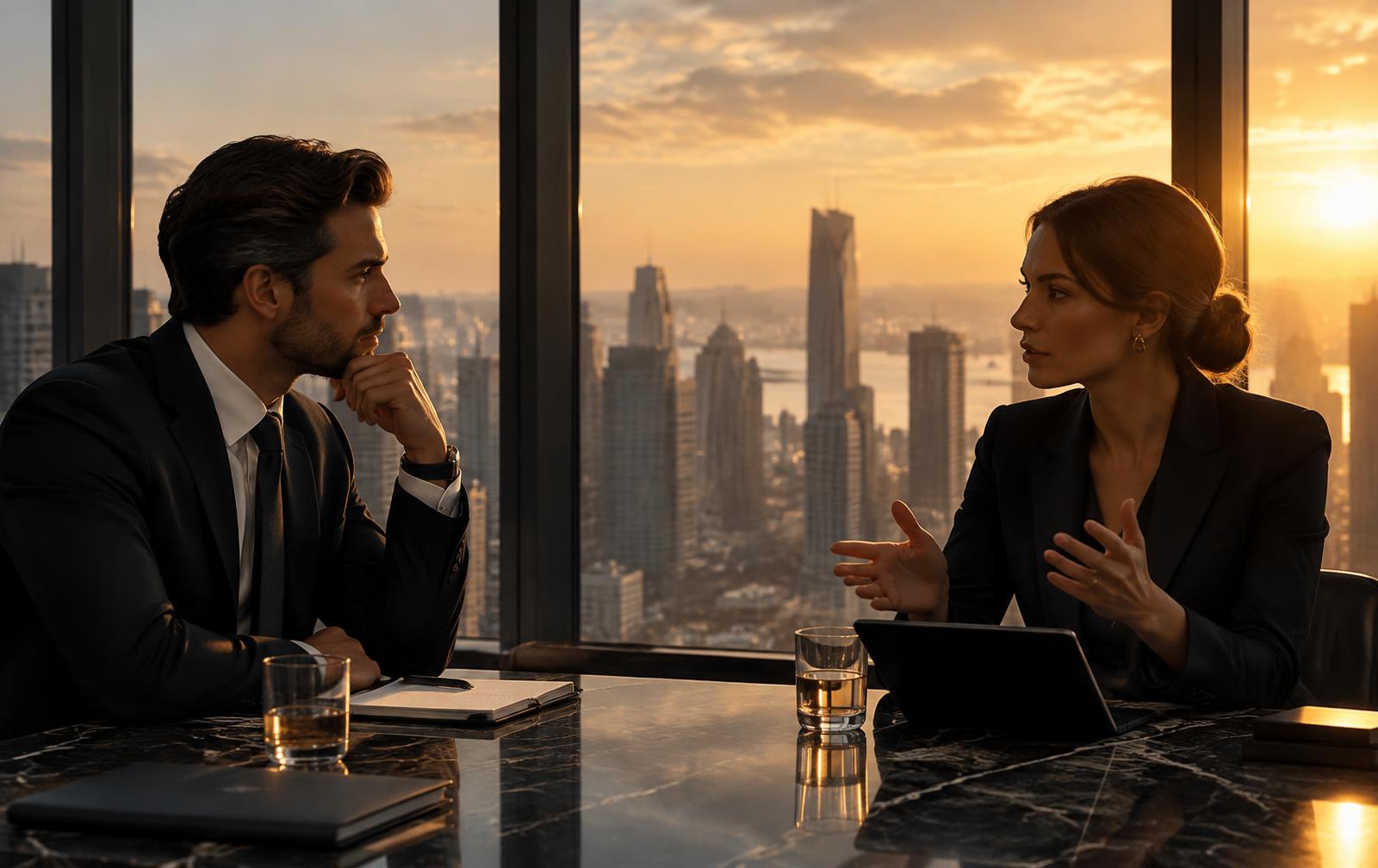 Two executives in conversation in a high-rise office at sunset