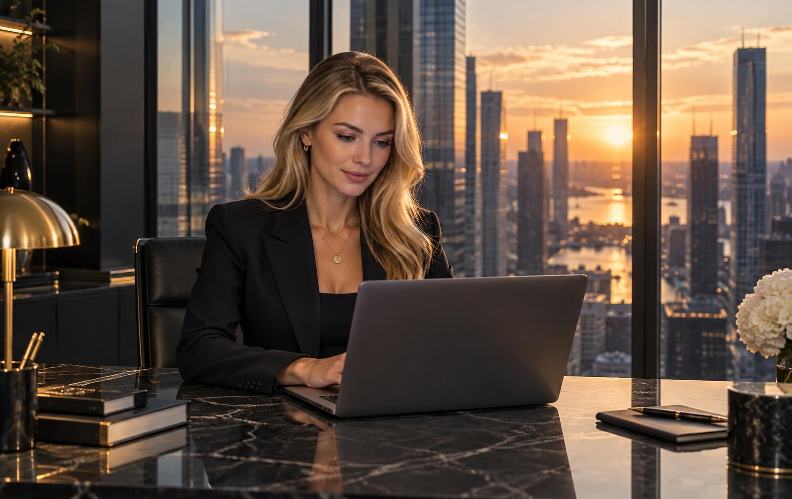 Executive working at a marble desk in a high-rise office at golden hour